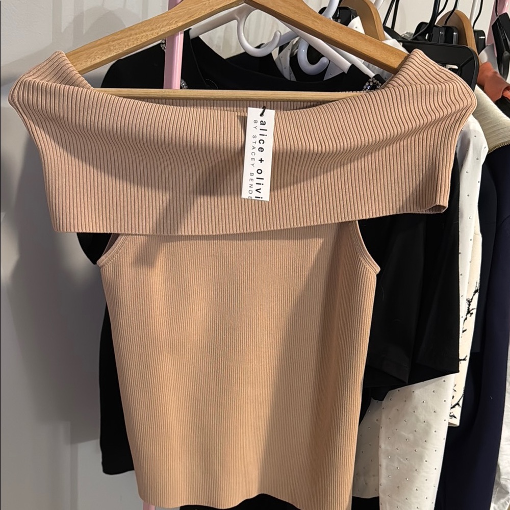 Alice + Olivia Tan Sleeveless Off the Shoulder Ribbed Top